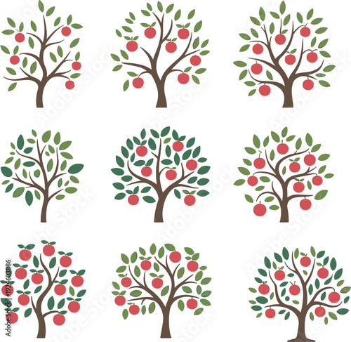 Set of apple trees with red fruits isolated on white background, flat cartoon orchard illustration collection for garden and agriculture design