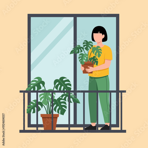 Man Watering Plants on Balcony – Urban Gardening Lifestyle Illustration with Indoor Greenery