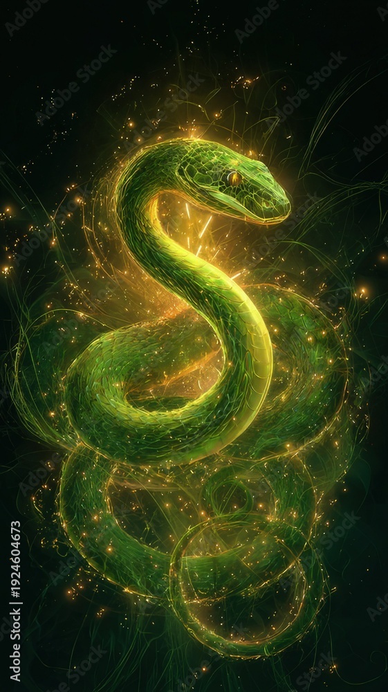 Fototapeta premium Glowing Green Snake Fantasy Creature Digital Illustration