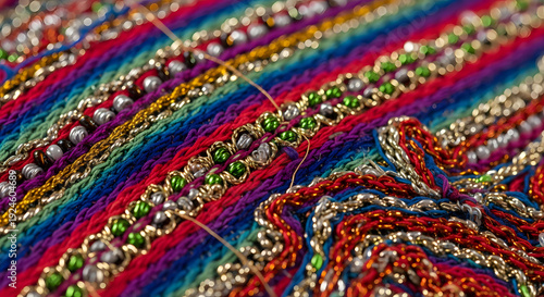 Close-up of colorful Peruvian embroidery with beads and metallic