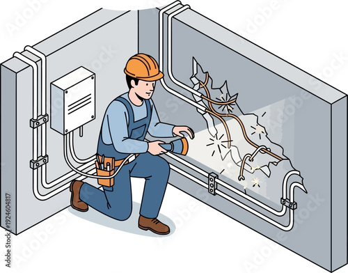 Electrician inspecting damaged electrical wiring and sparks inside a wall.