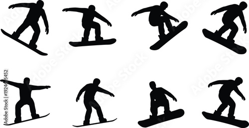 Snowboarder silhouette action set, winter extreme sports poses, snowboarding jump movement, black athlete figures isolated on white background