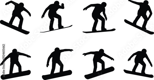 WebSnowboarder action silhouette set, winter sports movement sequence, extreme snowboarding poses, black isolated figures on white background