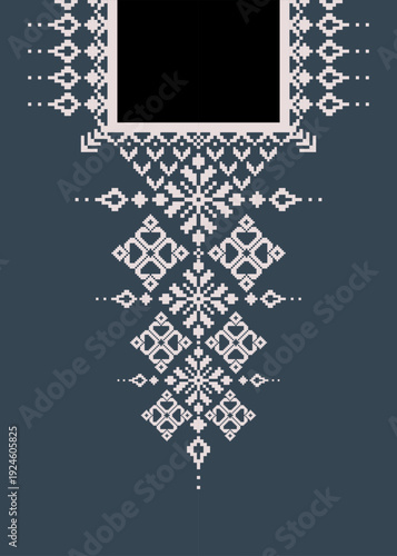 Pixel jacquard neckline placement in blue gray and cream. Designed for sweater knitting, garment production, woven apparel panels and industrial textile manufacturing.