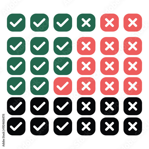 Checkmark and Cross Icons Collection in Green Red and Black for User Interface