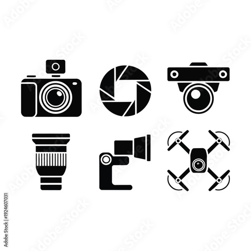 Essential Collection of Photography, Videography, Drone, and Surveillance Camera Equipment Icons