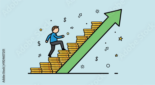 A person climbing a staircase made of gold coins with an upward green arrow, symbolizing financial growth and success.