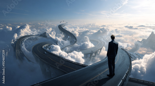 Concept art of  success hope dream way and ambition , surreal landscape painting,  man with floating road , imagination artwork, conceptual illustration, mystery scenery