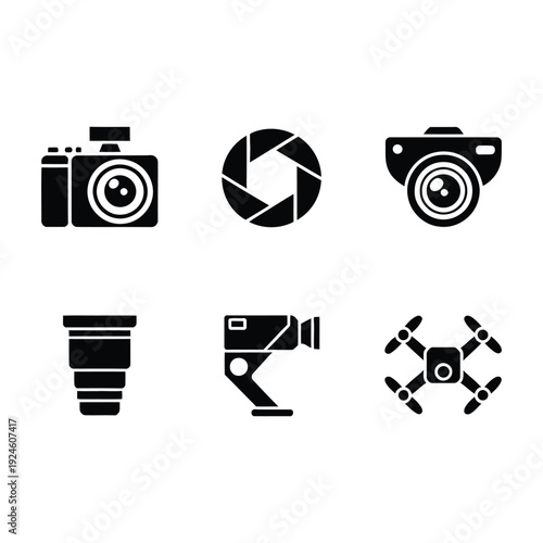Professional camera, lens, camcorder, drone, and aperture symbols for media and content creation