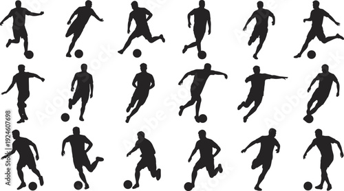 Soccer football player silhouette set, male athlete dribbling running kicking poses, sports action people, black vector icons isolated white background