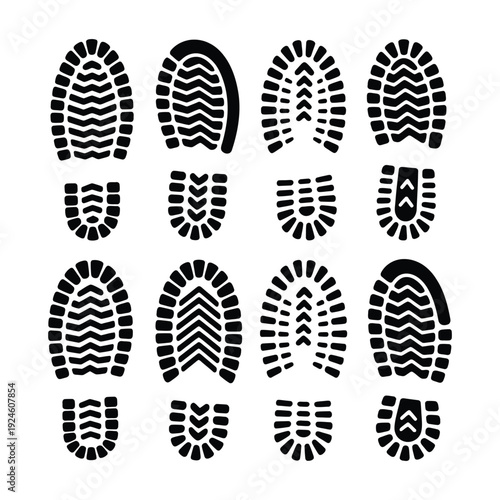 Various black footwear sole prints and boot tread patterns displayed