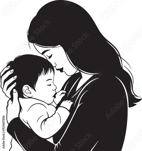 A black and white illustration of a loving mother gently holding her sleeping baby in her arms.