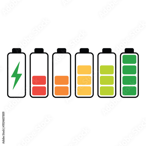 Various colorful battery icons displaying power energy levels for electronic devices
