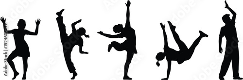 Kids dancing silhouette collection featuring energetic children in various hip hop and freestyle poses, black vector set isolated on white background