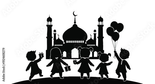 Children Celebrating Eid in Front of Mosque Silhouette