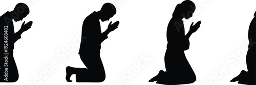 Kneeling people praying silhouette set, men and women in prayer pose, religious worship concept black vector illustration isolated on light background