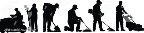 Landscaping and Professional Lawn Care Silhouette Set with Workers Using Mower Trimmer Shovel and Pitchfork Vector Illustration for Gardening Service and Yard Maintenance Design