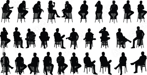 Large Black Silhouette Vector Set of Diverse People Sitting on Chairs and Stools in Various Poses Isolated on White Background for Architectural Visualization Design