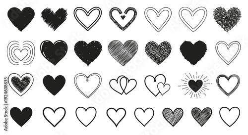 Assortment of Hand Drawn Heart Icons in Different Styles and Textures love sketch