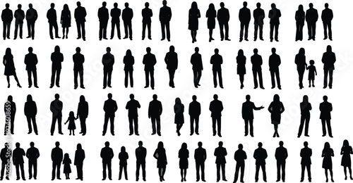 Large Black Silhouette Vector Set of Diverse People Men and Women Standing in Professional