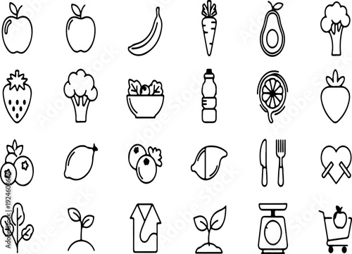 Healthy food and vegan outline icon collection. Includes apple, banana, carrot, avocado, broccoli, strawberry, salad, water bottle, orange, blueberry, lemon, nuts, cutlery, spinach, plant