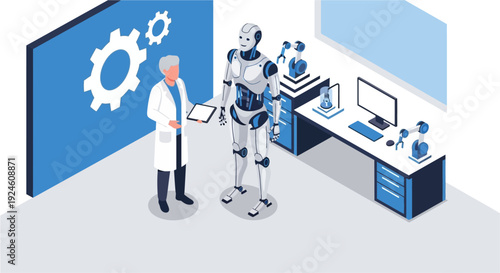 A scientist and a humanoid robot collaborate in a modern laboratory, surrounded by advanced technology and research equipment.
