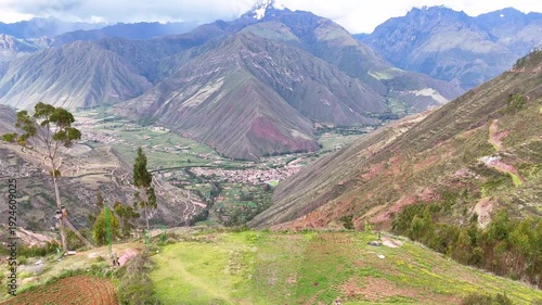 Aerial view of the Chinchero viewpoint and panoramic view of the Sacred Valley of the Incas in Cusco, Peru