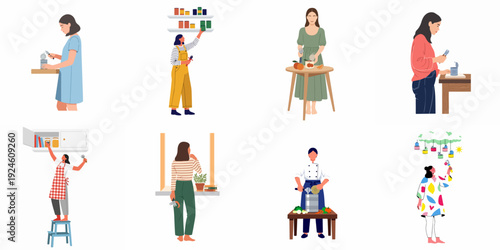 Diverse individuals engaged in various household tasks including opening cans, organizing pantry items, and preparing food, illustrating daily routines.