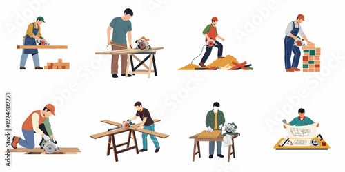 Carpenters and Woodworkers Using Power Saws for Construction and DIY Projects Illustration Set