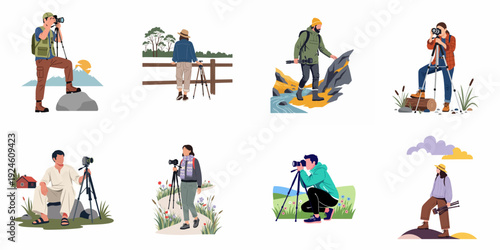 Diverse outdoor photographers capturing scenic landscapes and nature with cameras and tripods in various natural environments, illustrating adventure and a passion for imagery.