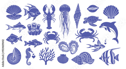 Collection of Blue Marine Life and Shell Illustrations on a White Background sea creatures
