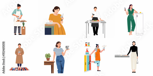 Diverse individuals engaging in food preparation, primarily using garlic presses, across various kitchen and home settings, depicted in flat vector illustrations.