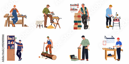 Illustrations of diverse carpenters and woodworkers engaged in various tasks, from measuring and cutting to crafting and assembling wooden projects in a workshop.
