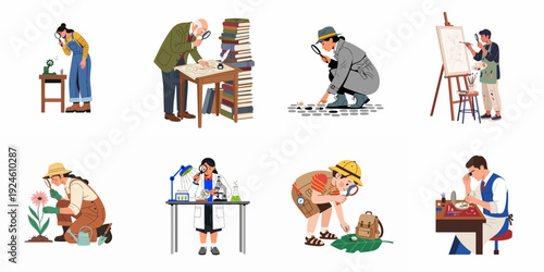 Diverse individuals engaged in detailed observation, investigation, and discovery across various fields, using magnifying tools for precision and exploration.