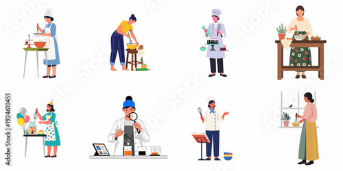 Diverse individuals engaging in culinary and scientific preparation, showcasing various cooking, baking, and mixing activities with different tools.