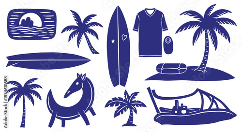 Dark Blue Silhouette Icons of Tropical Beach and Summer Vacation Elements on White