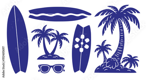 Dark Blue Silhouette Graphics of Surfboards Palm Trees and Sunglasses for Summer Beach Theme