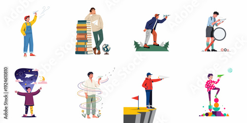 Paper Airplane Metaphors: Illustrations of imagination, innovation, learning, and the journey toward achieving dreams and goals through diverse concepts.