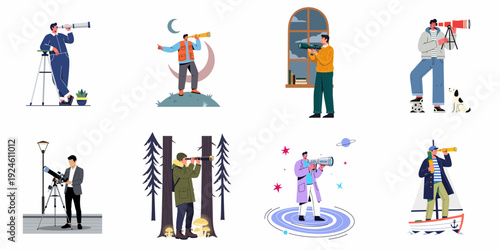 Diverse individuals exploring, observing, and searching with telescopes and spyglasses in various settings, symbolizing discovery, vision, and the future.
