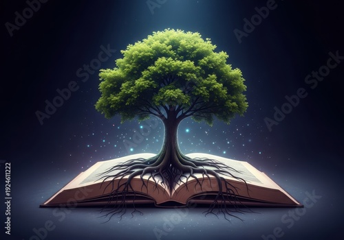 Tree growing out of an open book with roots