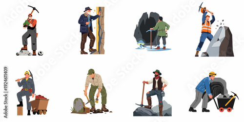 Miners, prospectors, and explorers engaged in various resource extraction, treasure hunting, and archaeological activities with tools.