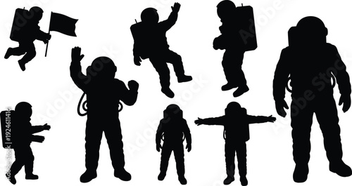 Astronaut silhouette collection in different poses, floating, waving, planting flag, space exploration concept, isolated on white background, black vector set