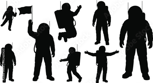 Astronaut silhouettes in various poses, floating, standing, waving flag, space exploration concept, isolated on white background, black vector illustration set