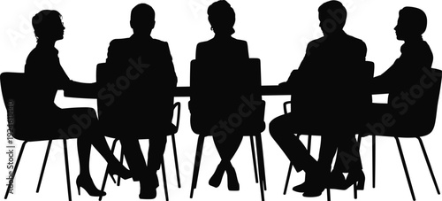 Business meeting silhouettes at conference table, corporate team discussion isolated on white background teamwork communication concept