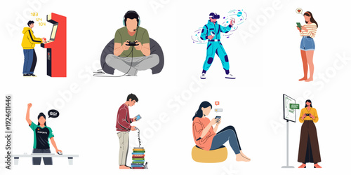 Illustrations of diverse people enjoying various digital entertainment and gaming experiences, including arcade, console, VR, mobile, and esports.