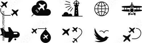 Airplane travel icons silhouettes set, aviation symbols with aircraft globe and lighthouse isolated on white background transportation concept