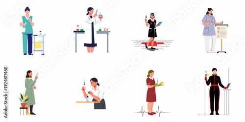 Diverse medical and science professionals, including nurses and lab researchers, performing healthcare tasks and scientific experiments, symbolizing innovation and patient care.