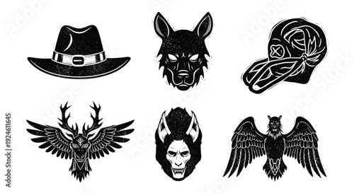 Set of Grunge Style Black and White Illustrations Featuring Mythical Creatures and Headwear