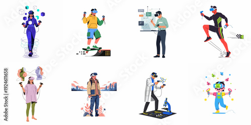 Immersive Virtual Reality: People Engaging in Gaming, Science, Business, Sports, and Adventure with VR Headsets and Controllers.