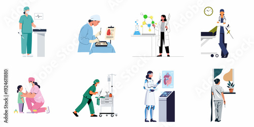 Modern Healthcare and Medical Innovation: A Collection of Diverse Medical Professionals, Surgical Procedures, Scientific Research, and Patient Care Scenes.